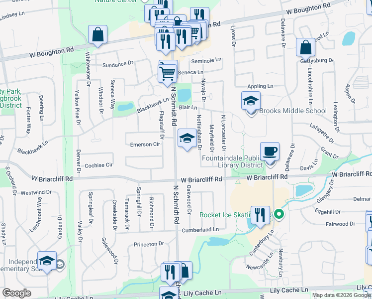 map of restaurants, bars, coffee shops, grocery stores, and more near 150 North Schmidt Road in Bolingbrook