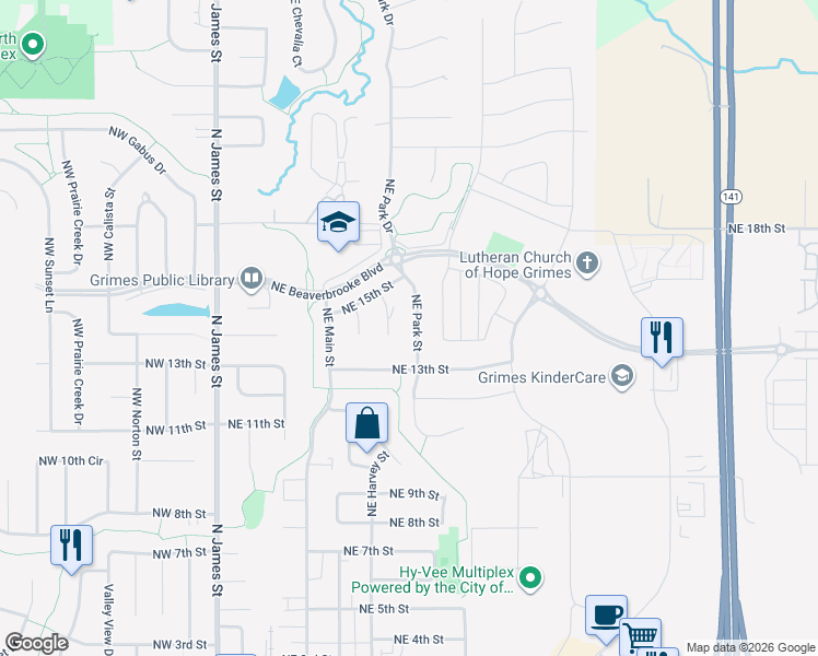 map of restaurants, bars, coffee shops, grocery stores, and more near 1412 Northeast Park Street in Grimes