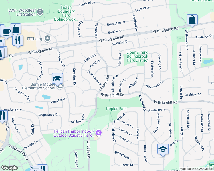 map of restaurants, bars, coffee shops, grocery stores, and more near 160 Lindsey Lane in Bolingbrook