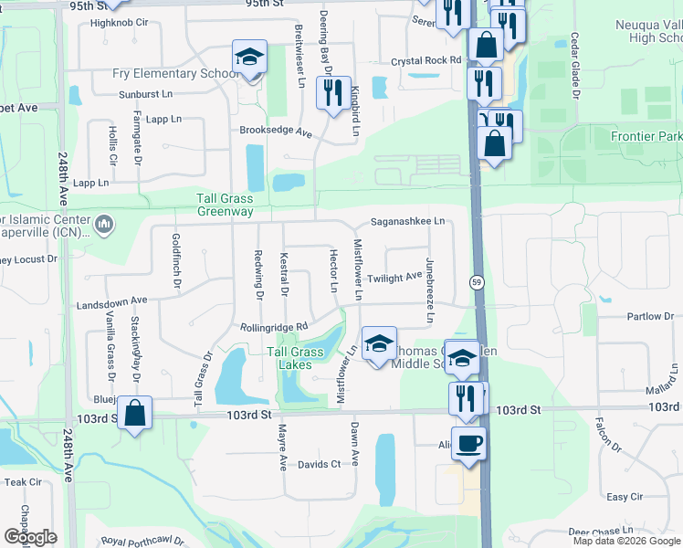 map of restaurants, bars, coffee shops, grocery stores, and more near 3648 Hector Lane in Naperville