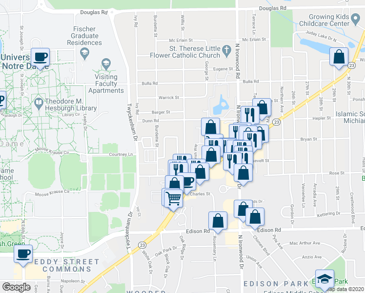 map of restaurants, bars, coffee shops, grocery stores, and more near 54681 Willis Street in South Bend