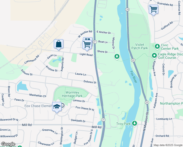 map of restaurants, bars, coffee shops, grocery stores, and more near 106 Laurie Lane in Oswego