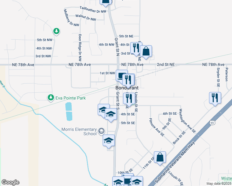 map of restaurants, bars, coffee shops, grocery stores, and more near 104 Grant Street South in Bondurant