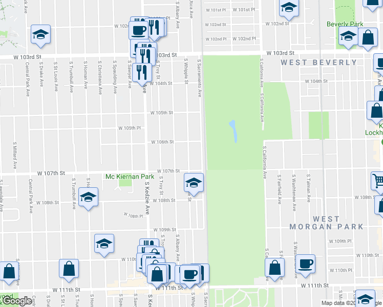 map of restaurants, bars, coffee shops, grocery stores, and more near 10625 South Whipple Street in Chicago