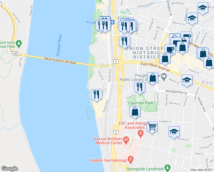 map of restaurants, bars, coffee shops, grocery stores, and more near 152 Rinaldi Boulevard in Poughkeepsie
