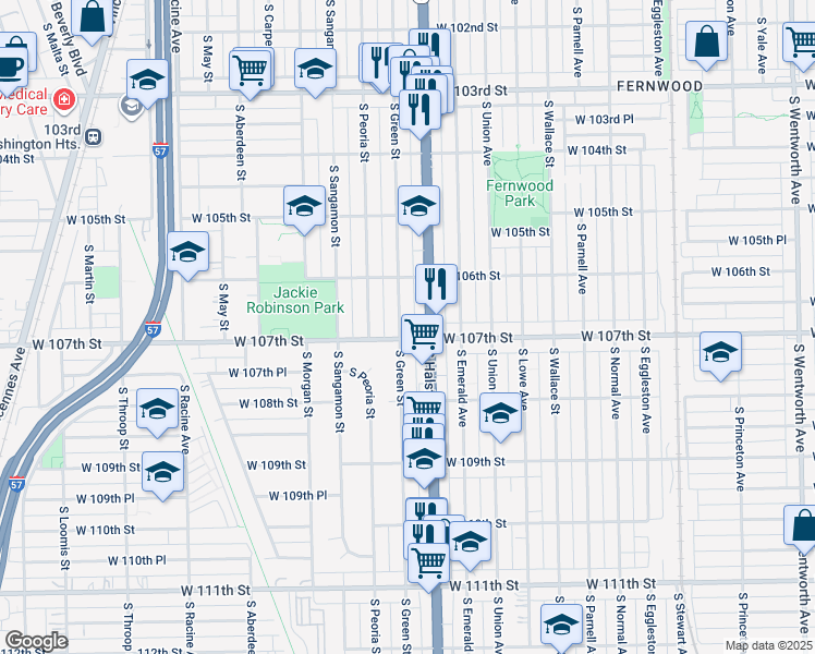 map of restaurants, bars, coffee shops, grocery stores, and more near 10649 South Green Street in Chicago