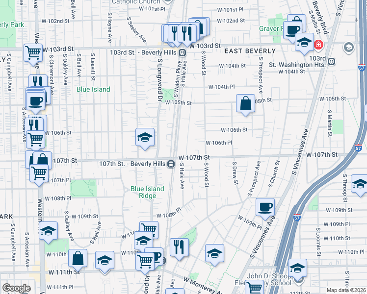 map of restaurants, bars, coffee shops, grocery stores, and more near 10633 South Hale Avenue in Chicago
