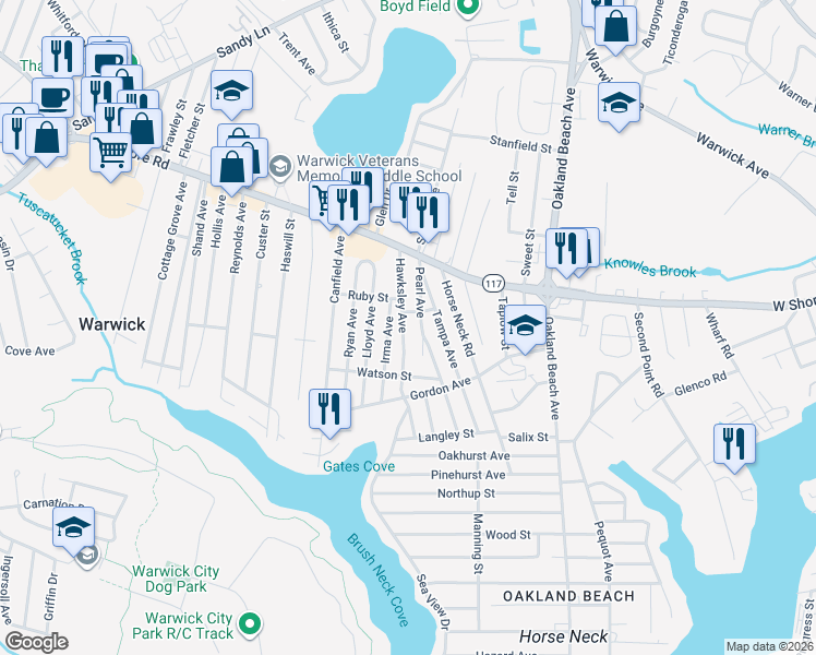 map of restaurants, bars, coffee shops, grocery stores, and more near 80 Hawksley Avenue in Warwick