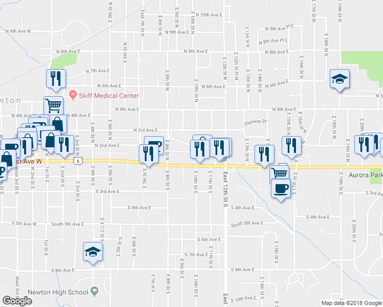 map of restaurants, bars, coffee shops, grocery stores, and more near 999 North 2nd Avenue East in Newton