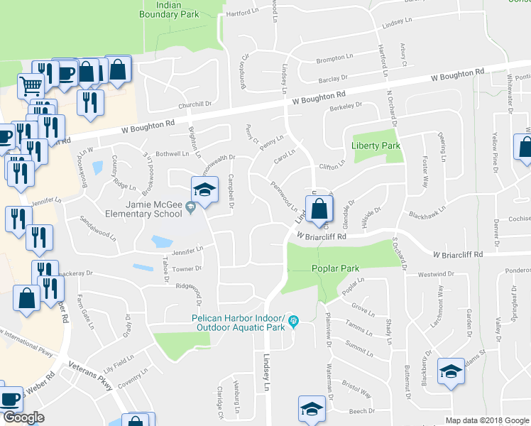 map of restaurants, bars, coffee shops, grocery stores, and more near 163 Penny Lane in Bolingbrook