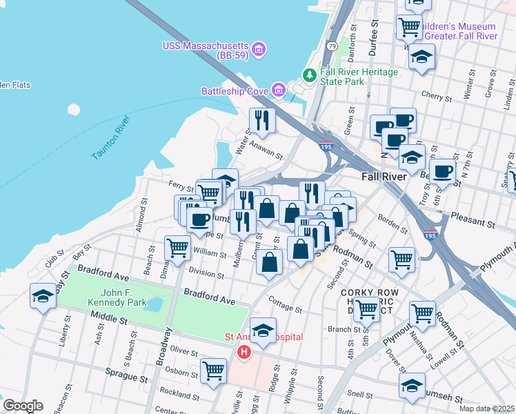 map of restaurants, bars, coffee shops, grocery stores, and more near 375 Ferry Street in Fall River