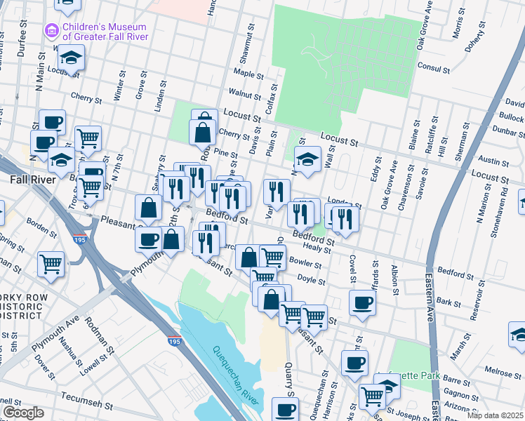 map of restaurants, bars, coffee shops, grocery stores, and more near 51 Varley Street in Fall River