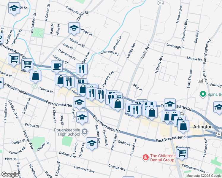 map of restaurants, bars, coffee shops, grocery stores, and more near 37 Corlies Avenue in Poughkeepsie