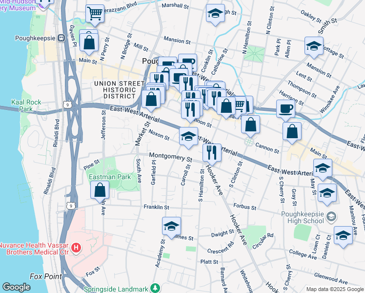 map of restaurants, bars, coffee shops, grocery stores, and more near 74 Academy Street in Poughkeepsie