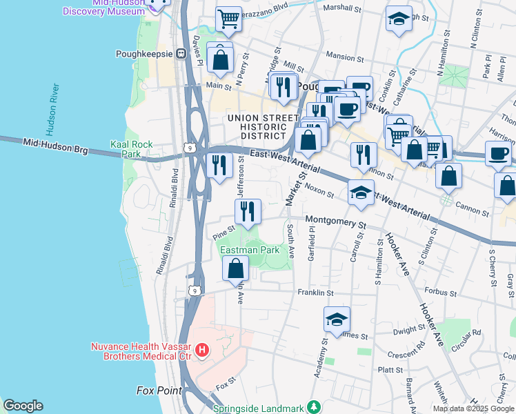 map of restaurants, bars, coffee shops, grocery stores, and more near 22 Montgomery Street in Poughkeepsie