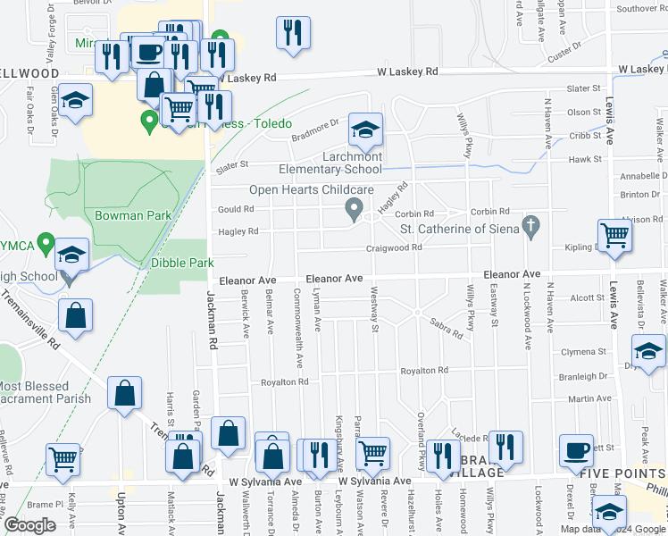 map of restaurants, bars, coffee shops, grocery stores, and more near 1526 Eleanor Avenue in Toledo