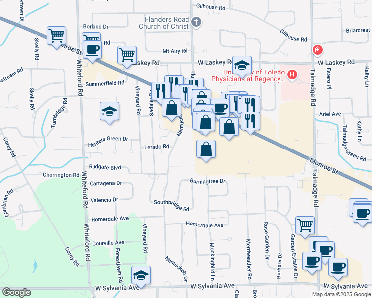 map of restaurants, bars, coffee shops, grocery stores, and more near 4606 Nantuckett Drive in Toledo