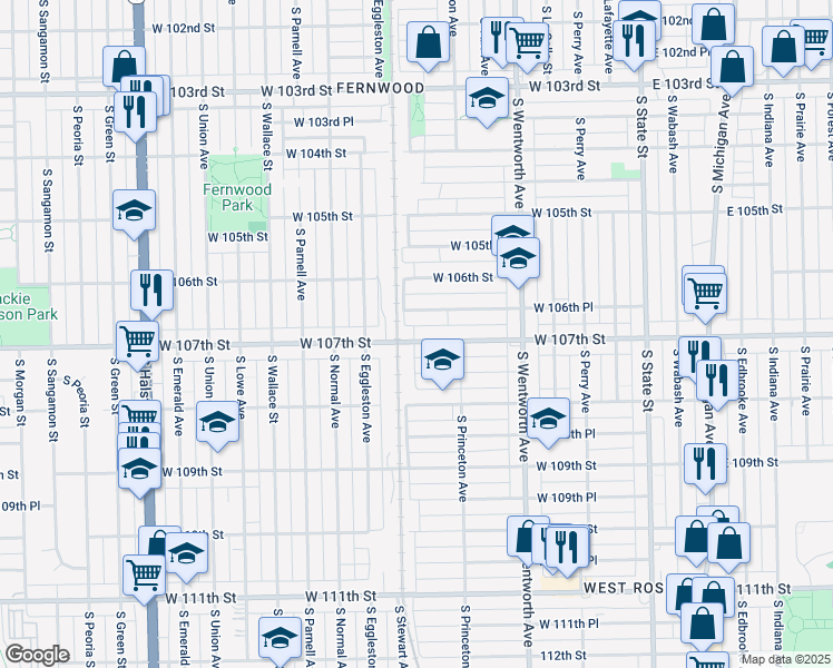 map of restaurants, bars, coffee shops, grocery stores, and more near 322 West 107th Street in Chicago