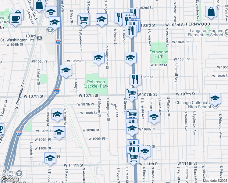 map of restaurants, bars, coffee shops, grocery stores, and more near 10649 South Peoria Street in Chicago