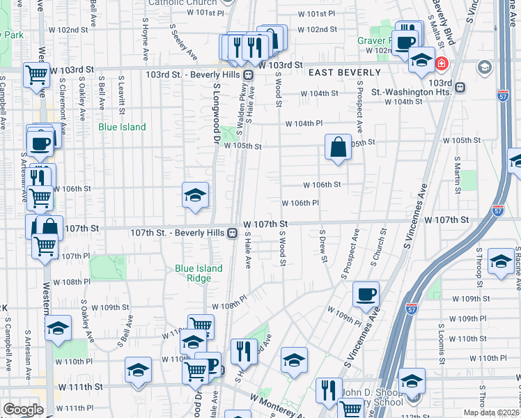 map of restaurants, bars, coffee shops, grocery stores, and more near 10628 South Wood Street in Chicago