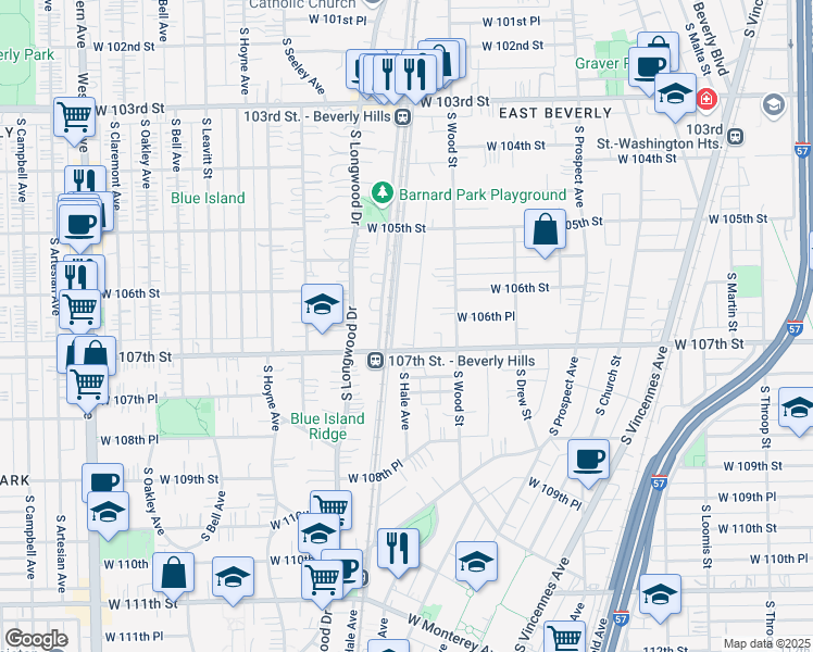 map of restaurants, bars, coffee shops, grocery stores, and more near 10633 South Hale Avenue in Chicago