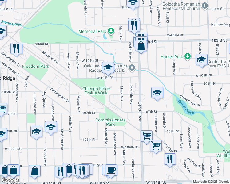 map of restaurants, bars, coffee shops, grocery stores, and more near 5730 106th Street in Chicago Ridge