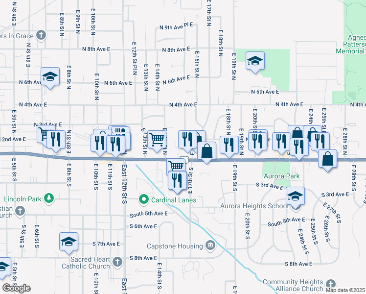 map of restaurants, bars, coffee shops, grocery stores, and more near 121 East 17th Street South in Newton
