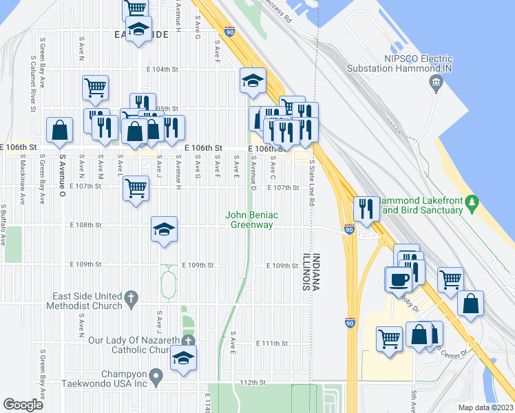 map of restaurants, bars, coffee shops, grocery stores, and more near 10729 South Avenue D in Chicago