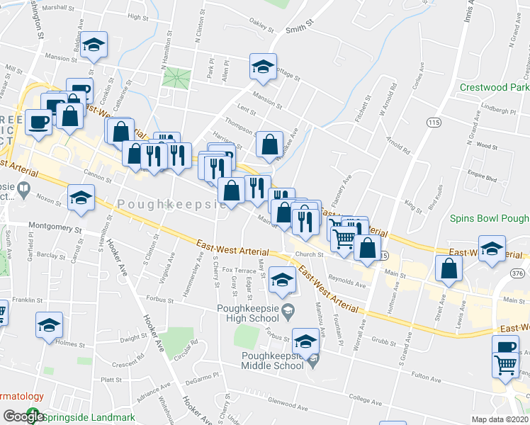 map of restaurants, bars, coffee shops, grocery stores, and more near 559 Main Street in Poughkeepsie