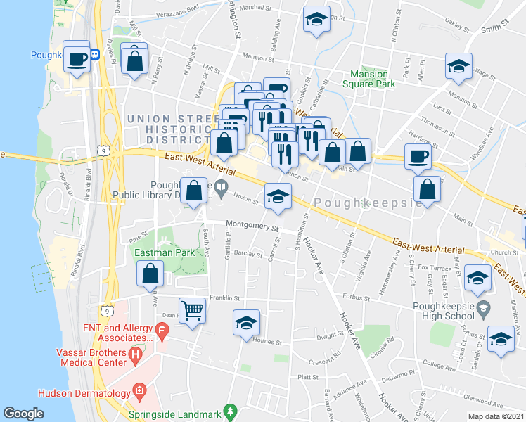 map of restaurants, bars, coffee shops, grocery stores, and more near 74 Academy Street in Poughkeepsie
