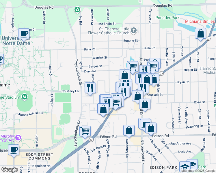 map of restaurants, bars, coffee shops, grocery stores, and more near 54679 Willis Street in South Bend