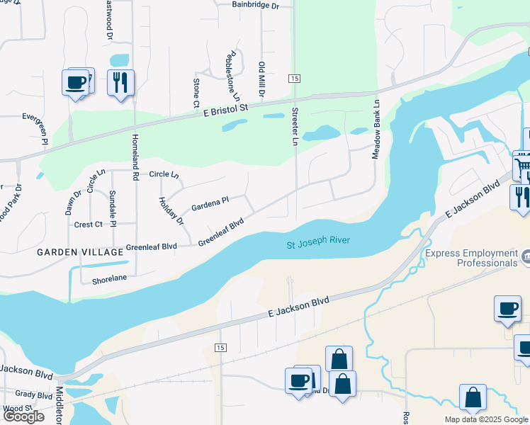 map of restaurants, bars, coffee shops, grocery stores, and more near 22854 Greenleaf Boulevard in Elkhart