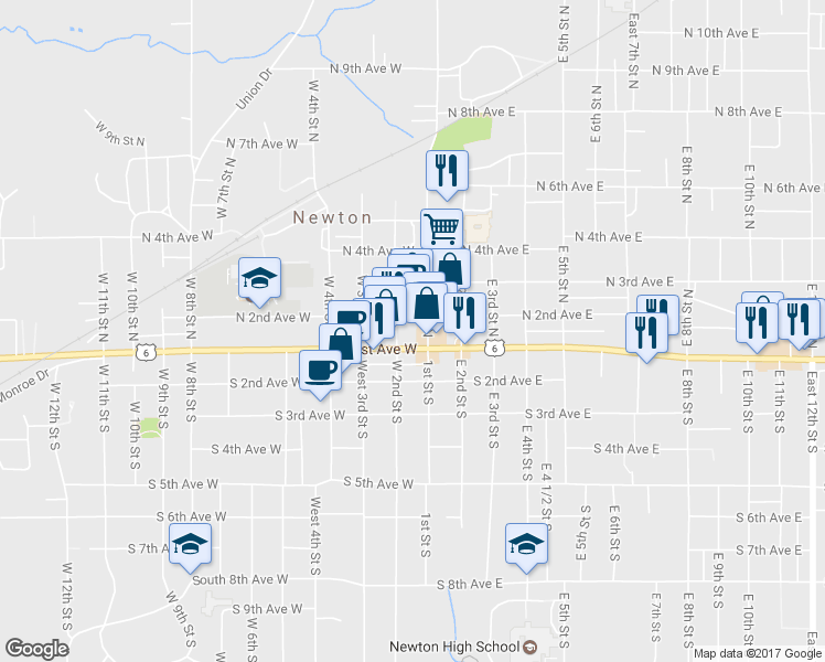 map of restaurants, bars, coffee shops, grocery stores, and more near 101 1st Street North in Newton