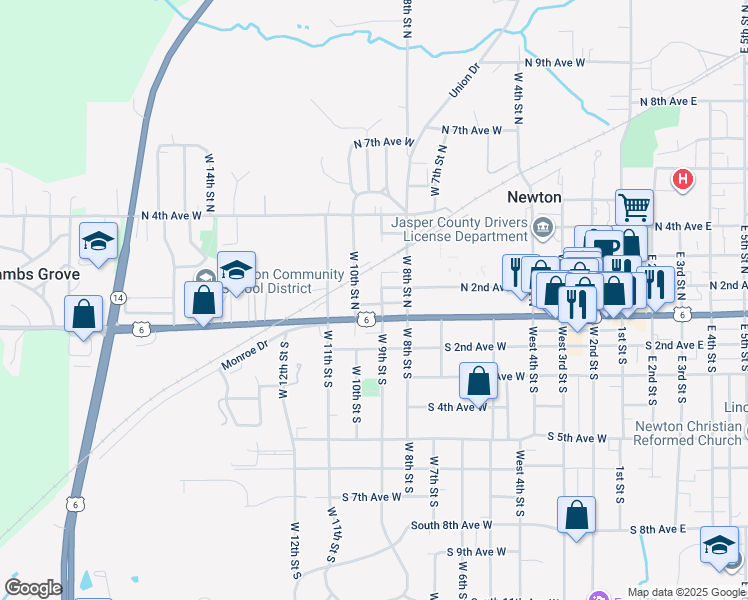 map of restaurants, bars, coffee shops, grocery stores, and more near 115 West 9th Street South in Newton