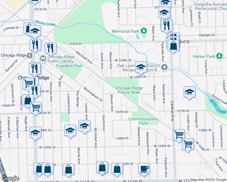 map of restaurants, bars, coffee shops, grocery stores, and more near 10541 Mason Avenue in Chicago Ridge