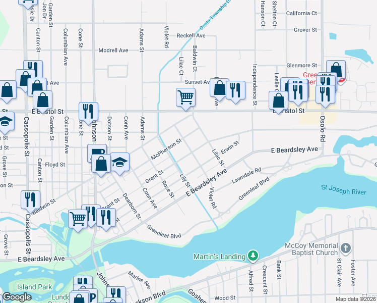 map of restaurants, bars, coffee shops, grocery stores, and more near 1415 Grant Street in Elkhart