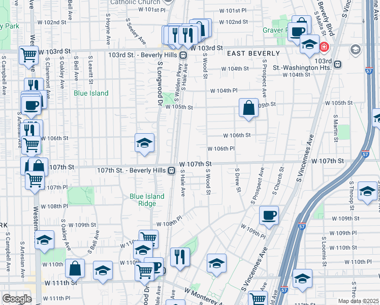 map of restaurants, bars, coffee shops, grocery stores, and more near 10633 South Hale Avenue in Chicago