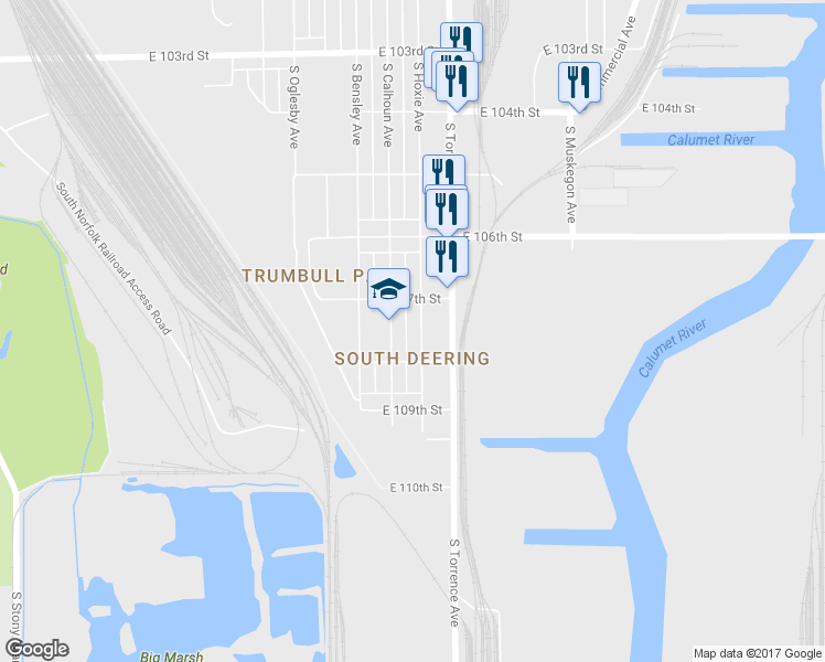 map of restaurants, bars, coffee shops, grocery stores, and more near 10730 South Hoxie Avenue in Chicago