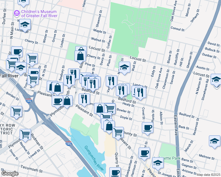 map of restaurants, bars, coffee shops, grocery stores, and more near 51 Varley Street in Fall River