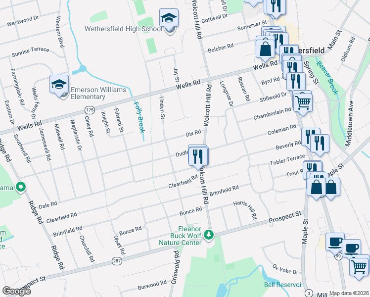 map of restaurants, bars, coffee shops, grocery stores, and more near 35 Dudley Road in Wethersfield