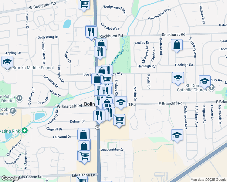 map of restaurants, bars, coffee shops, grocery stores, and more near 111 Enclave Circle in Bolingbrook