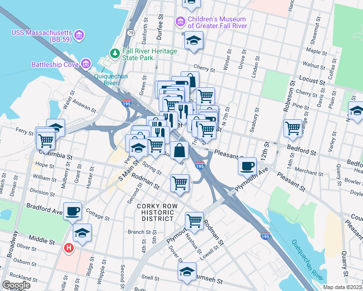 map of restaurants, bars, coffee shops, grocery stores, and more near 10 Jeremiah V. Sullivan Drive in Fall River