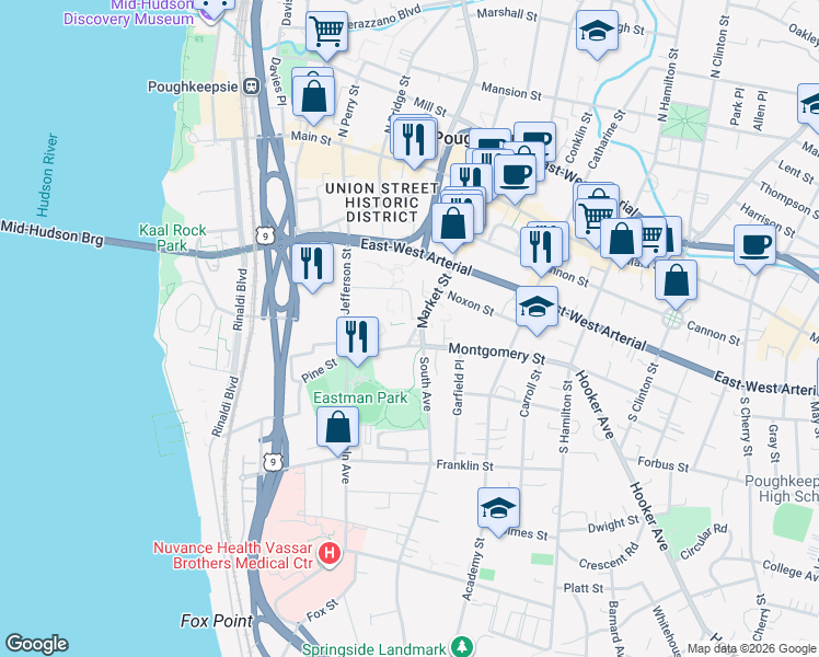 map of restaurants, bars, coffee shops, grocery stores, and more near 106 Little Market Street in Poughkeepsie