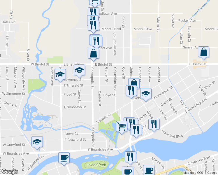 map of restaurants, bars, coffee shops, grocery stores, and more near 1262 Garden St in Elkhart