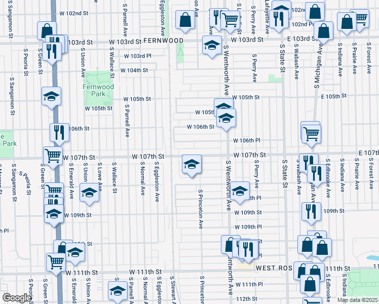 map of restaurants, bars, coffee shops, grocery stores, and more near 322 West 107th Street in Chicago