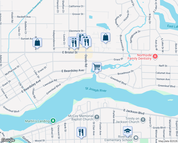 map of restaurants, bars, coffee shops, grocery stores, and more near 1910 Greenleaf Boulevard in Elkhart