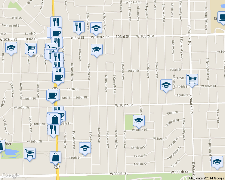 map of restaurants, bars, coffee shops, grocery stores, and more near 10600 South Kenneth Avenue in Oak Lawn