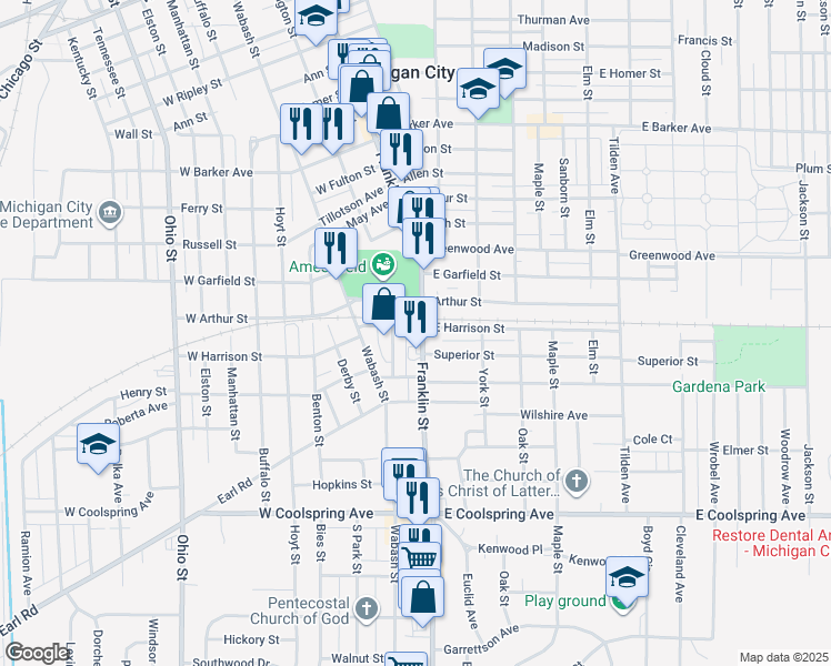 map of restaurants, bars, coffee shops, grocery stores, and more near 100-198 W Harrison St in Michigan City