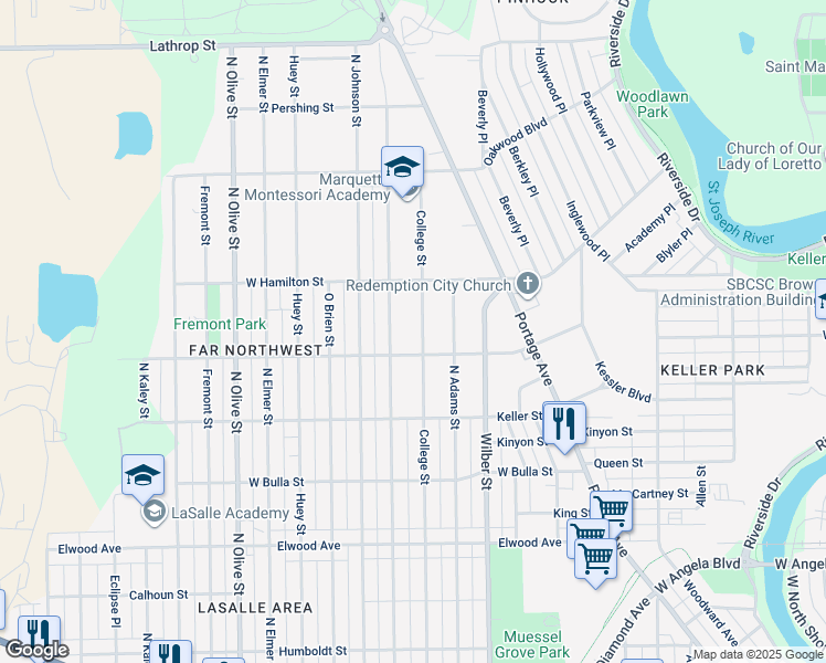 map of restaurants, bars, coffee shops, grocery stores, and more near 1821 College Street in South Bend
