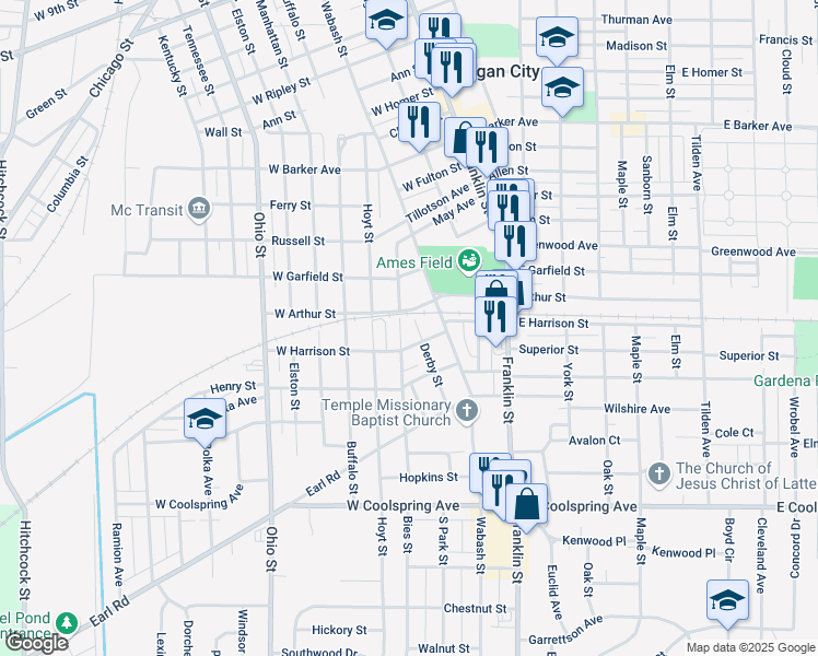 map of restaurants, bars, coffee shops, grocery stores, and more near 303-313 Derby St in Michigan City
